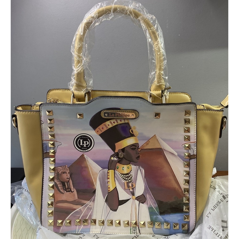 La Philippe Miami African Egyptian Women Print Satchel Bag Yellow Purse 10x12x5"